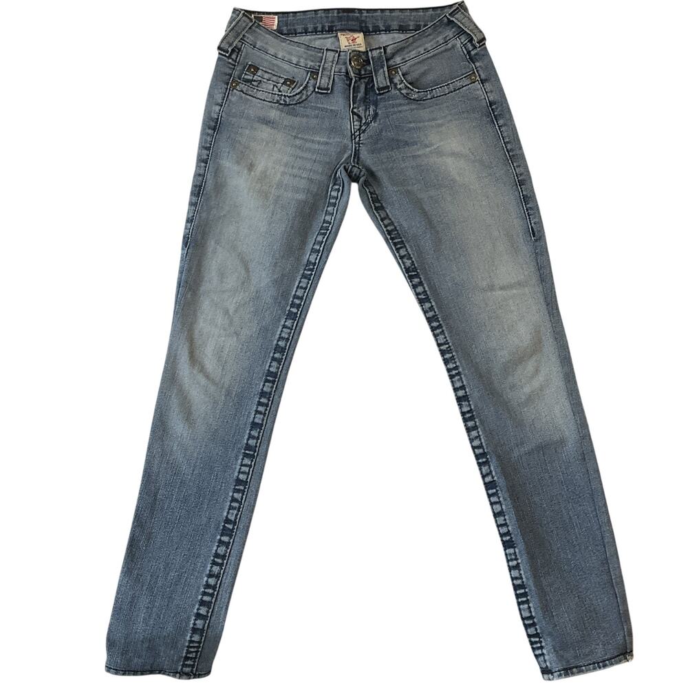 True Religion Women Jeans 25 Light Blue Classic Logo Skinny Low Rise 27” Inseam